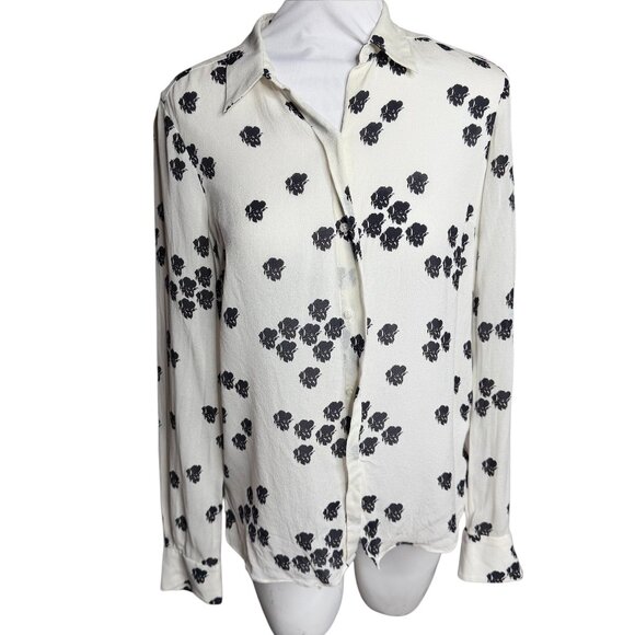 ALC FALLING IRIS  long sleeve silk top small white black flowers - Picture 1 of 8